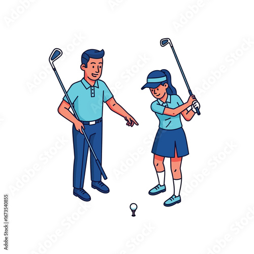 A man instructs a woman on how to swing a golf club, pointing towards the ball.