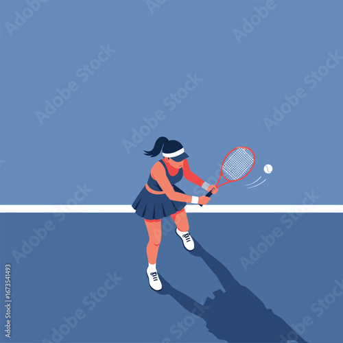 A female tennis player in action, hitting a ball on a blue court with a white line.