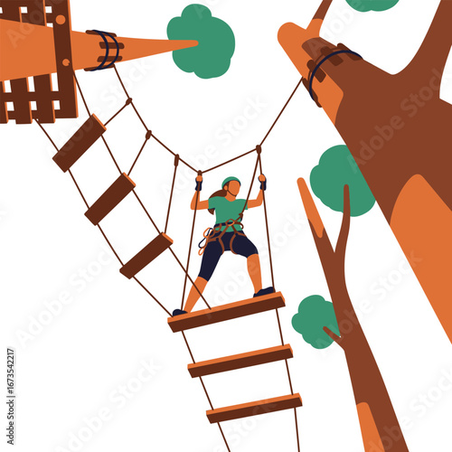 A woman is navigating a rope bridge high in the trees at an adventure park, wearing safety gear.