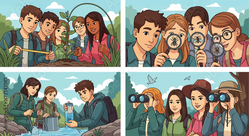 Enthusiastic Diverse Group of Young Students Engaged in Outdoor Science Education and Nature Exploration Activities