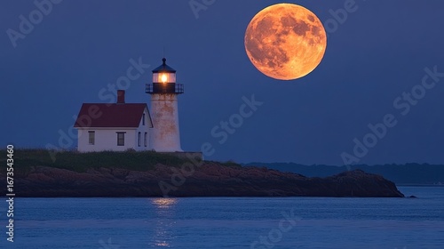Coastal lighthouse at twilight with supermoon