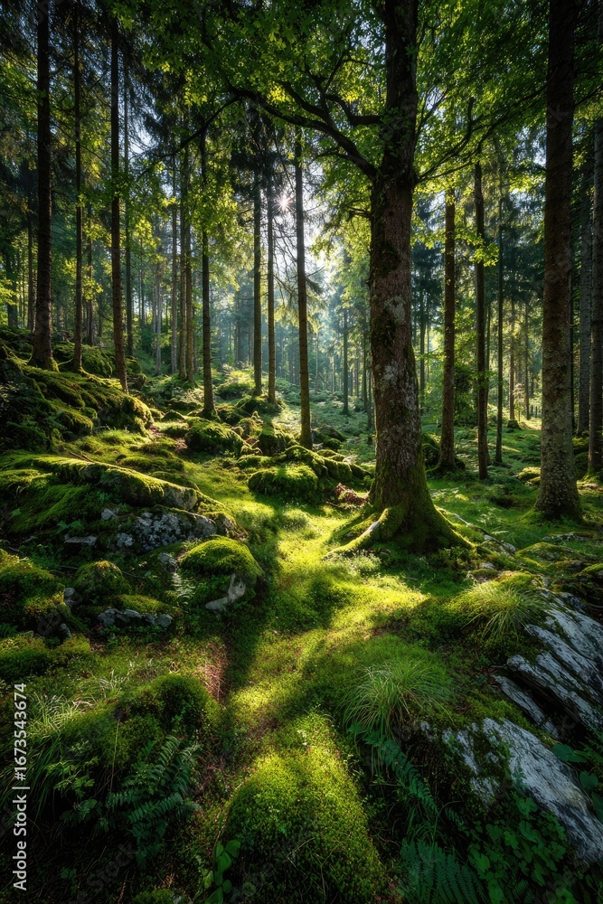 Naklejka premium Sunlit forest path