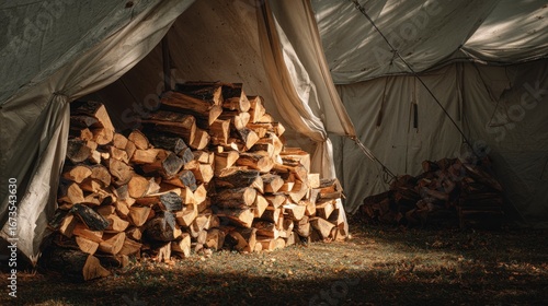 Stacked firewood under covering