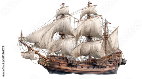 wooden pirate sailing ship with sails, isolated on white background