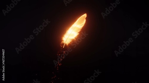 Single glowing feather burning with sparks and floating upward like a phoenix rebirth, surreal fantasy abstract loop animation with radiant fire design