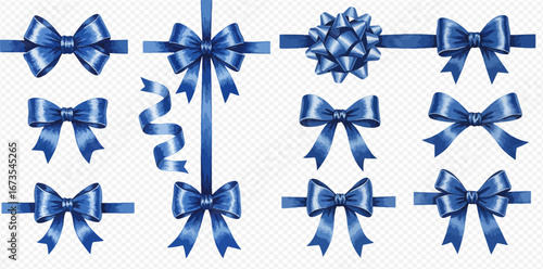 A set of realistic shiny blue satin gift ribbons and bows in various styles for festive decoration.