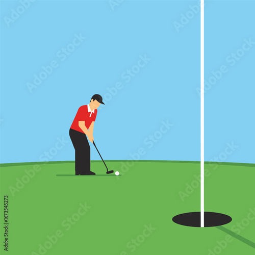 Golfer putting a golf ball towards the hole on a green golf course under a blue sky.