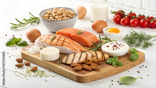 High protein foods for healthy eating showcasing salmon, chicken, eggs, yogurt, nuts, and vegetables