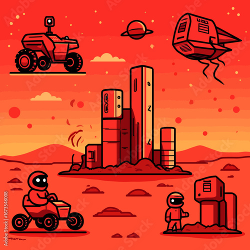Mars,space,exploration,astronaut,rocket,rover,science,future,technology,planet,design,illustration,travel,adventure,cosmos,universe,mission,discovery,research,station,colony,landscape,terrain,building