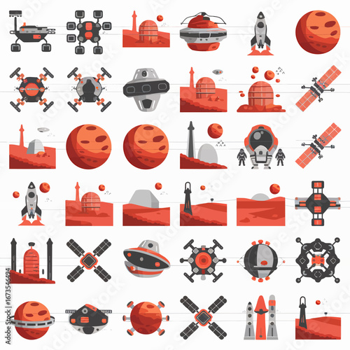 Fototapeta Naklejka Na Ścianę i Meble -  Futuristic Mars exploration concept with rockets, rovers, and space stations ready for commercial use
