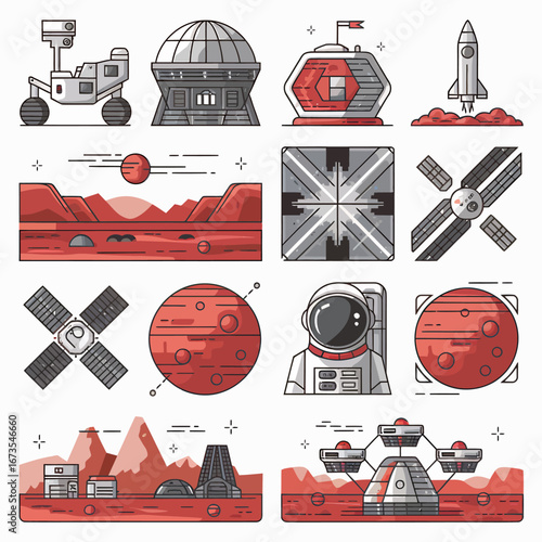 Futuristic Space Exploration Concepts with Mars Rover, Astronaut, and Rocket Launching into the Cosmos
