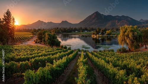 Vineyard sunrise over lake