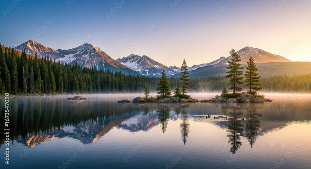 Naklejka premium Idyllic Mountain Lake with Small Pine Tree Island and Clear Water Reflection at Sunrise