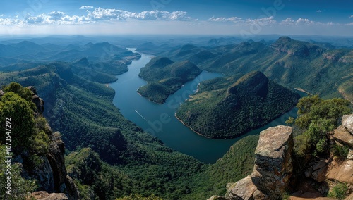 Panoramic view of a vast, verdant valley with a winding river and dramatic mountains