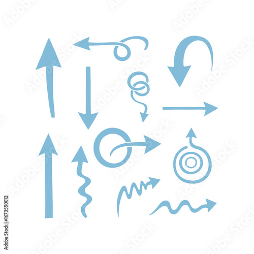 Collection of various hand-drawn blue arrow signs symbolizing direction, choice, and process flow