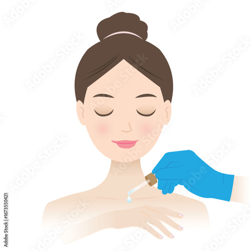 Cute woman enjoying a skincare treatment vector illustration. The professional is applying serum with dropper onto her hand. Radiant, healthy and youthful looking skin. Skincare and beauty concept.