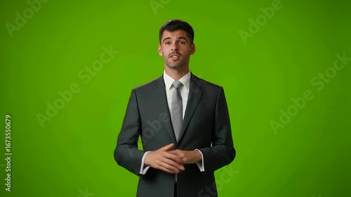 Wallpaper Mural Businessman in suit talking to camera with hand gestures on green screen, 4K resolution Torontodigital.ca