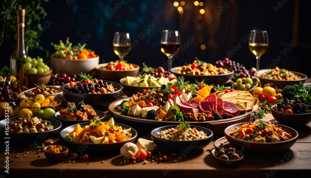 Fototapeta premium Festive buffet table overflowing with delicious food and drinks in warm ambiance