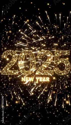 Golden fireworks burst behind glittering “2025 NEW YEAR” text, creating a vibrant and festive celebration scene perfect for welcoming the new year.