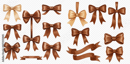 An elegant collection of realistic brown and gold silk bows and ribbons for gift wrapping and festive decoration.