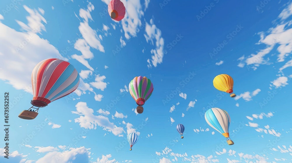 Fototapeta premium Colorful hot air balloons floating in a blue sky with white clouds