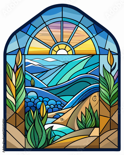 sea, Stained Glass Style, white background