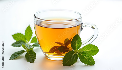 A transparent glass mug filled with tea, featuring fresh mint leaves on a white background.