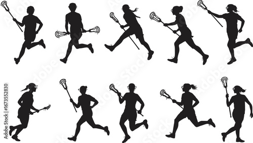 Wallpaper Mural Black silhouettes of female lacrosse players, running with sticks, team sport icons, athletic women, competitive action, vector illustrations Torontodigital.ca