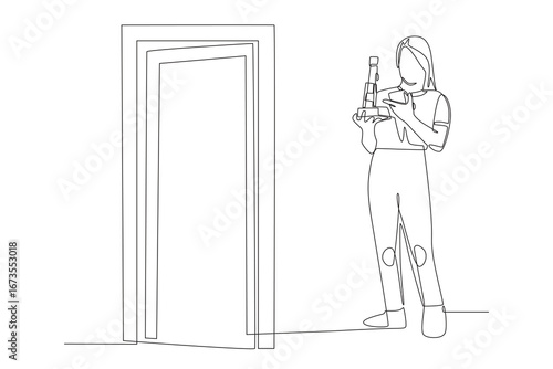 Walking up to the classroom with a science project in tow concept one-line drawing