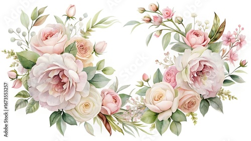 Elegant watercolor floral wreath with soft pink and cream roses and delicate greenery