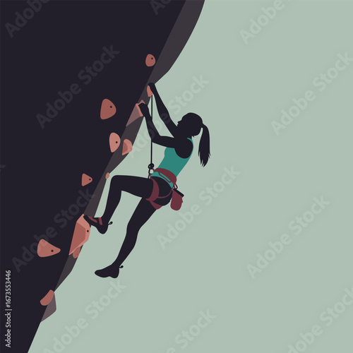 A female climber ascends a challenging rock face, showcasing strength and determination in a stylized illustration.