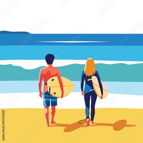 Couple with surfboards on a sunny beach, ready to ride the waves.