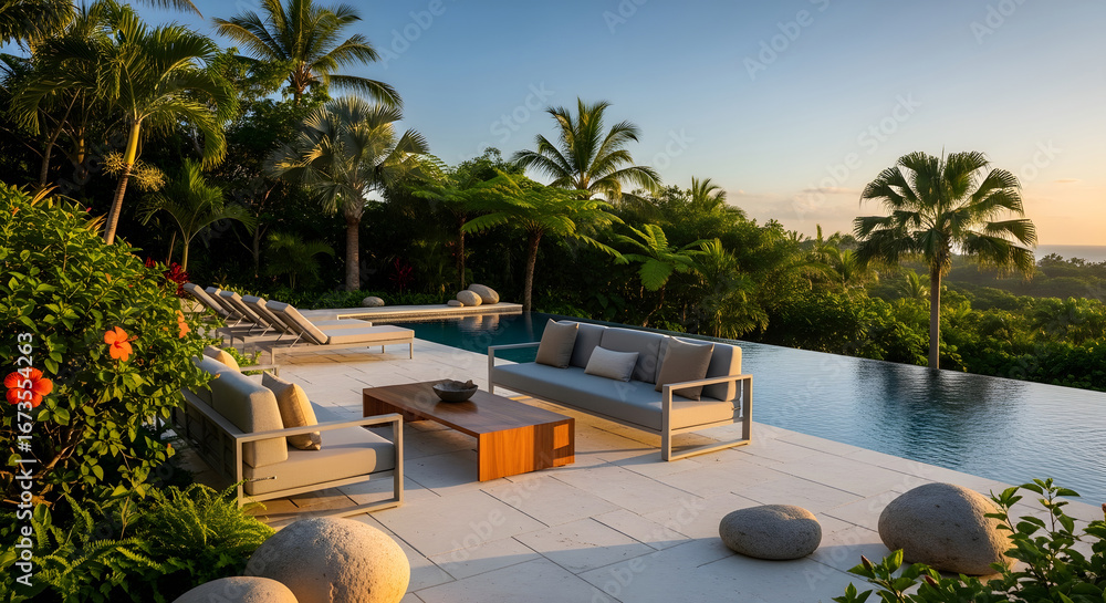 Fototapeta premium Luxury outdoor living space with infinity pool and tropical garden oasis