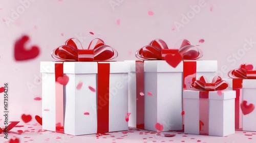 A charming scene of Valentine's Day gifts, lovingly wrapped in pink and adorned with red heart shapes. The backdrop is a sweet pink hue with glittery confetti adding to the festive atmosphere.