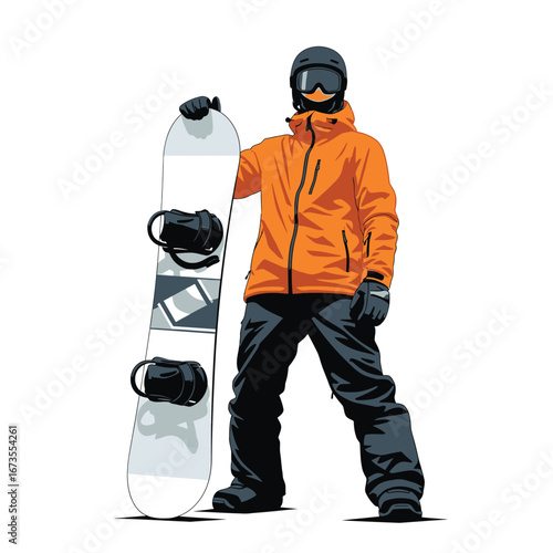 Snowboarder in orange jacket proudly displays snowboard, ready for winter slopes.