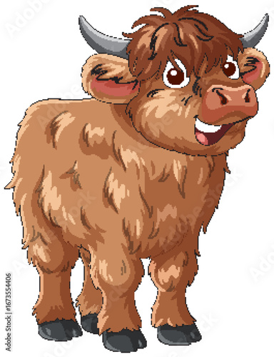 Smiling Cartoon Highland Cow Standing on White Background