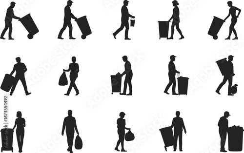 Silhouettes of People Throwing Trash, Carrying Garbage Bags, Cleaning Streets, Pushing Bins, Waste Management Workers, Sanitation Team, Black Icons