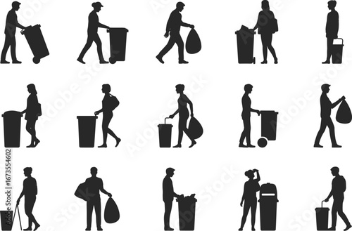 Silhouettes of People Throwing Trash, Carrying Garbage Bags, Cleaning Streets, Pushing Bins, Waste Management Workers, Sanitation Team, Black Icons