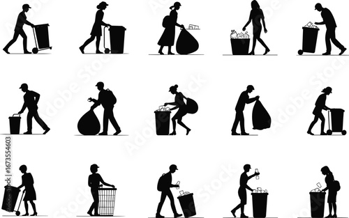 Silhouettes of People Throwing Trash, Carrying Garbage Bags, Cleaning Streets, Pushing Bins, Waste Management Workers, Sanitation Team, Black Icons