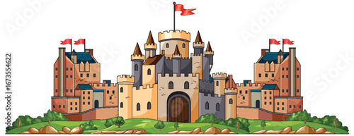 Medieval Stone Castle with Towers and Red Flags