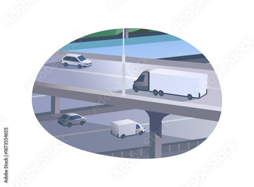 City road junction with trucks, vans, automobiles. Highway interchange with urban traffic. Roadway overpass or driveway bridge with driving cars. Flat isolated vector illustration on white background