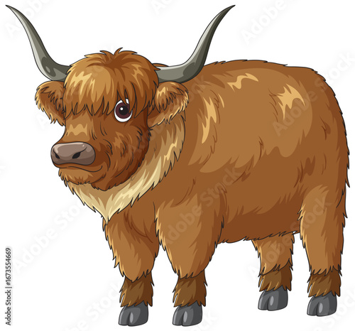 Cartoon Highland Cow Standing on White Background