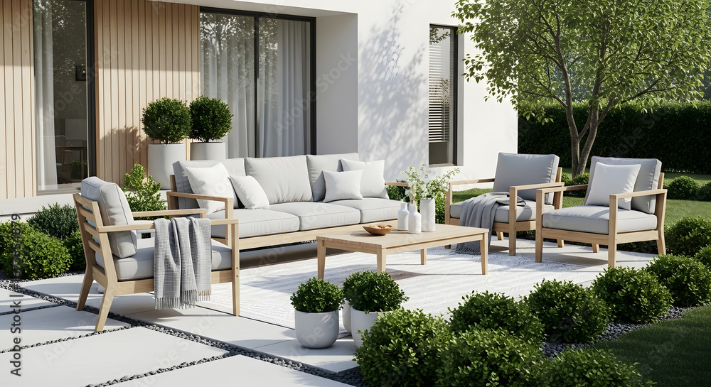Fototapeta premium Luxurious contemporary patio featuring a comfortable wooden furniture set, creating a serene and stylish outdoor living space