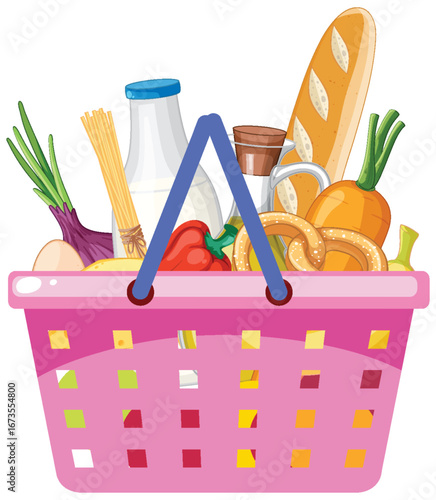 Pink Shopping Basket Filled With Groceries and Bread