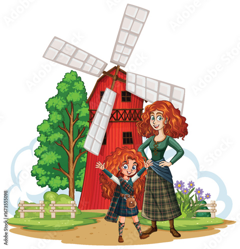 Mother and Daughter in Front of Red Windmill