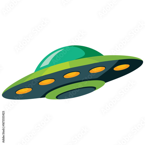 Cartoon style UFO flat vector illustration isolated on white. Ideal for banners, infographics, labels, and sci fi or space themed visuals.