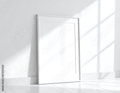 Empty white picture frame in a bright room
