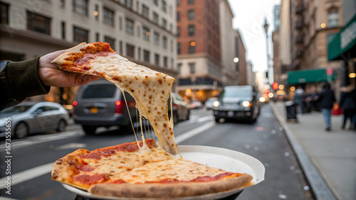 Hand holding a cheesy slice of new york style pizza on a city street