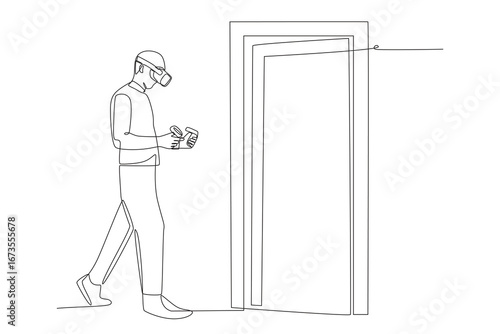 Walking up to the classroom with a science project in tow concept one-line drawing