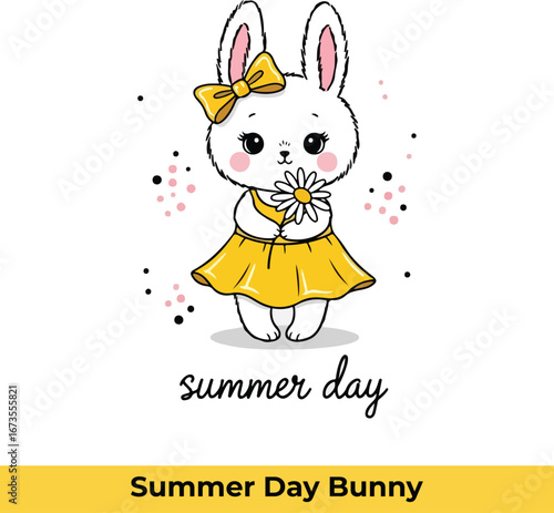 A cute bunny girl with a flower, perfect for summer day cards, invitations, or decorations, this vector illustration brings a touch of sweetness and joy